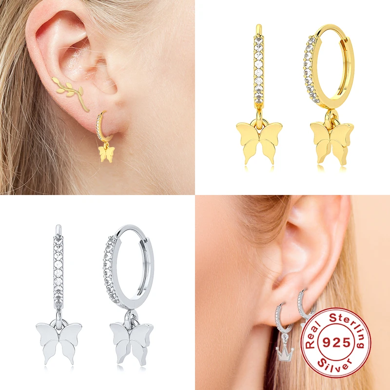 

Aide 925 Sterling Silver Zircon Butterfly Pendant Hoop Earrings Square Crystal Star Moon Crown Charm Huggie Earrings for Women