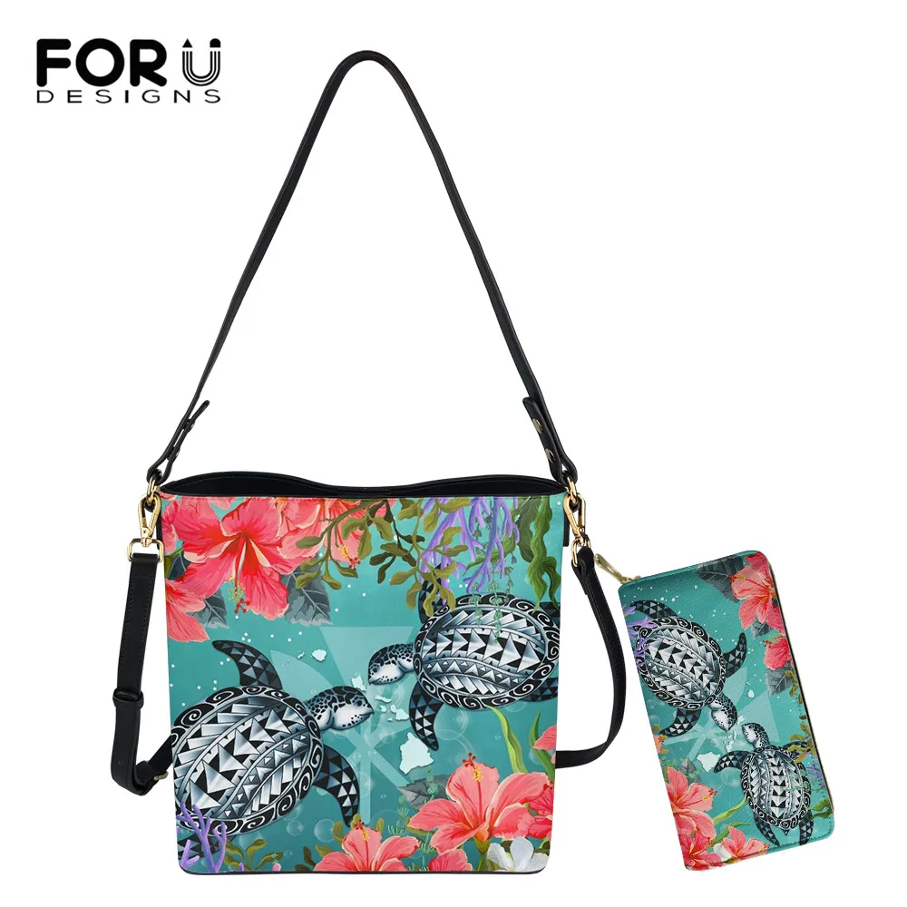 

FORUDESIGNS New Arrival Kanaka Maoli Polynesian Turtle Hibiscus Pattern Women Bucket Bags And Purse Female Shoulder Sac Handbags