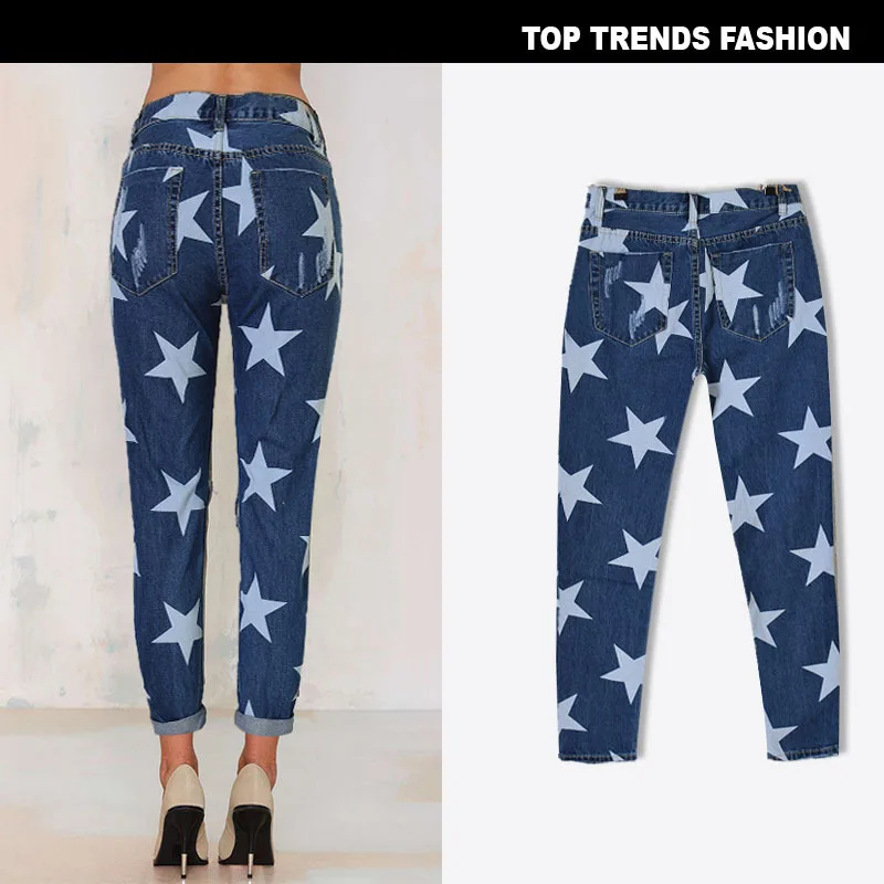 

European and American new women's high-waisted hole women's denim loose straight-leg pants star print pants nine-point pants2021