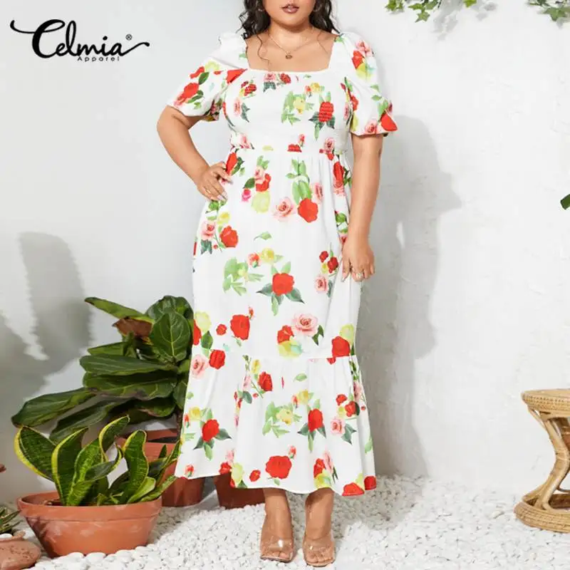 

Celmia Sexy Square Collar Dresses Women Floral Printed Mermaid Maxi Vestidos 2021 Summer High Waist Long Party Robe Plus Size