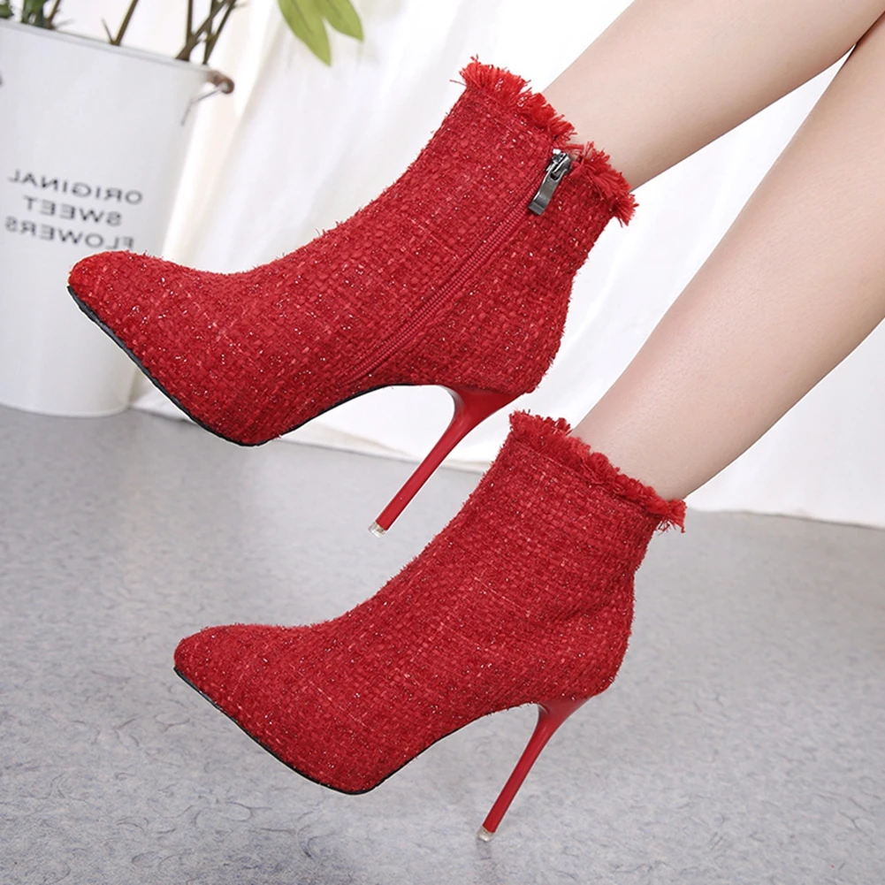 

Karinluna High Quality On Sale Big Size 40 Leisure Flock Thin High Heels Pointed Toe Short Plush Ankle Autumn Boots