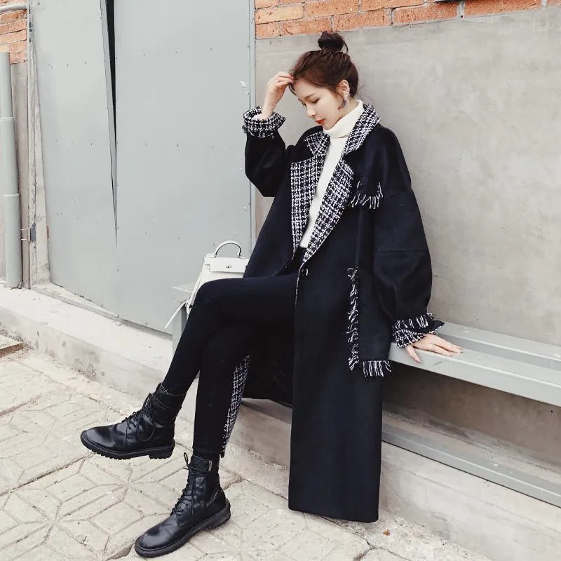 

Женская Черная ветровка, пальто 2020, Женская осенне-зимняя длинная куртка, новинка, утепленный Повседневный шерстяной Тренч, Женское пальто, ...