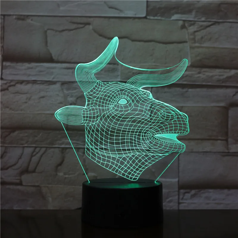 2019 Новинка 3D ночной Светильник бык мультяшная голова крупного рогатого скота
