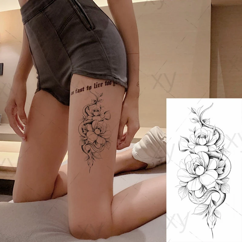 Водостойкая Временная тату-наклейка змея лотос цветы женский макияж эскиз
