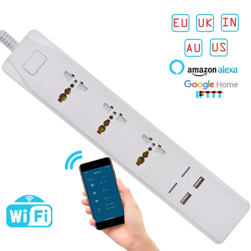 WIFI Smart power strip Universal works with alexa googlehome multi plug four takes 3 AC Socket 2 USB voice contro UK/EU/US/AU