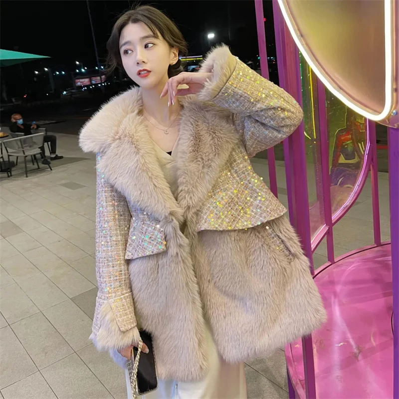 High-Quality 2022 New Ladies Temperament Coat Mid-Length Loose Sequined Coat Office Femme Winter Faux Fur Outwear Thicken Mujer