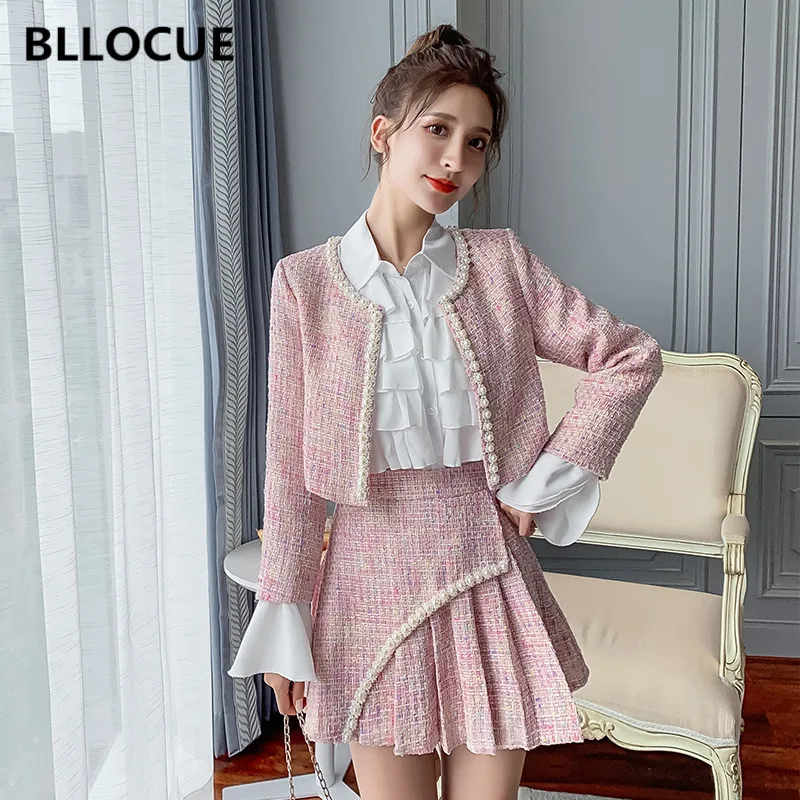 Женский твидовый костюм тройка BLLOCUE короткий пиджак + плиссированная юбка с