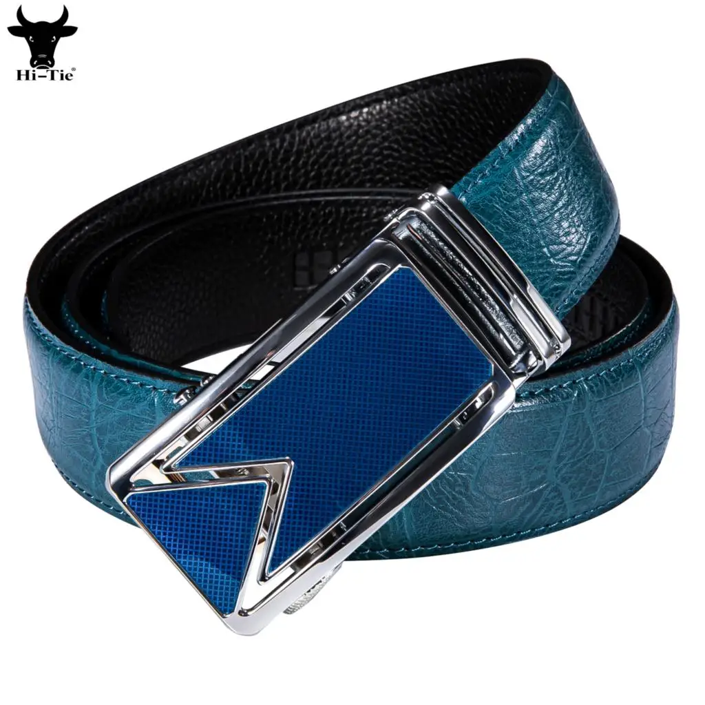 Hi-Tie Blue Emboss Leather Mens Belts Designer Automatic Buckles Ratchet Waistband Belt for Men Jeans Cowboy Wedding Business XL