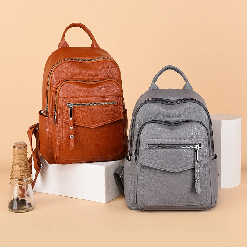 

Backpack For Women 2021 New Ladies PU Leather Backbag Fashion High Quality Daily Bag Durable Large Capacity For Shopping Gray