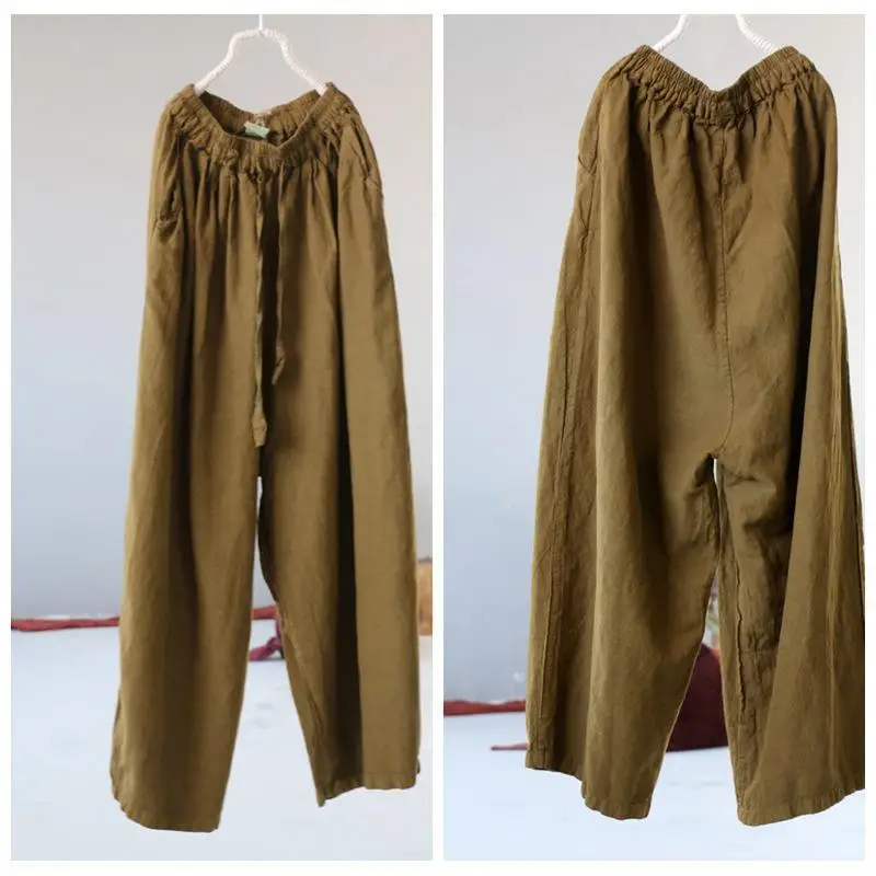 Free Shipping Summer Retro High Waist Pants Art Solid Color Elastic Waist Solid Color Pockets Comfort Plus Size Daddy Pants