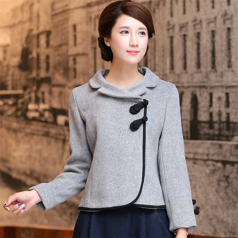 

Autumn and winter new ethnic style retro handmade buckle Slim woolen Chinese small suit jacket