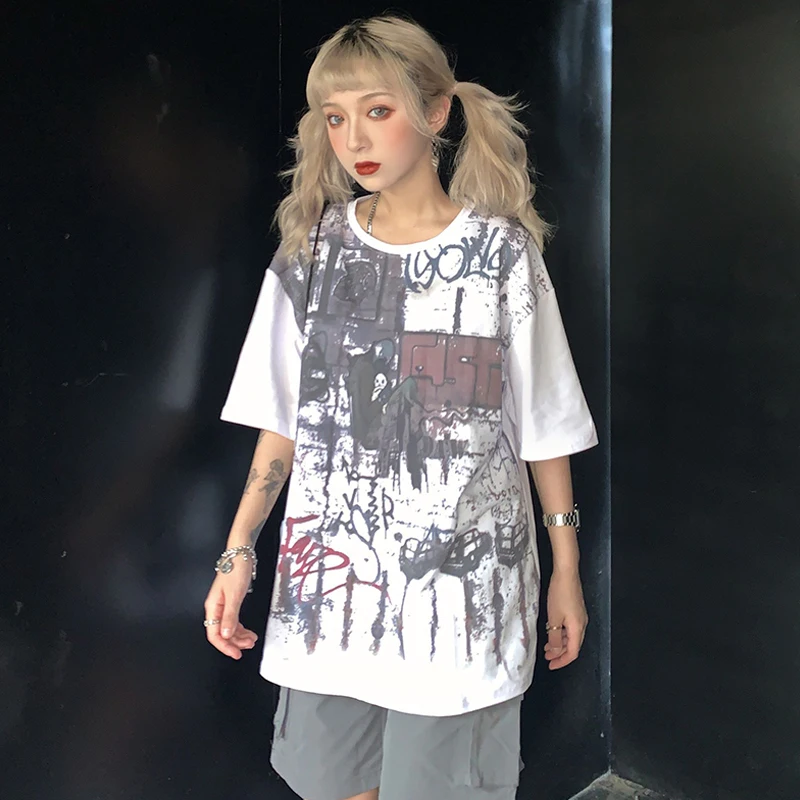 Новая женская футболка Корейская версия ulzzang с принтом граффити в гонконгском