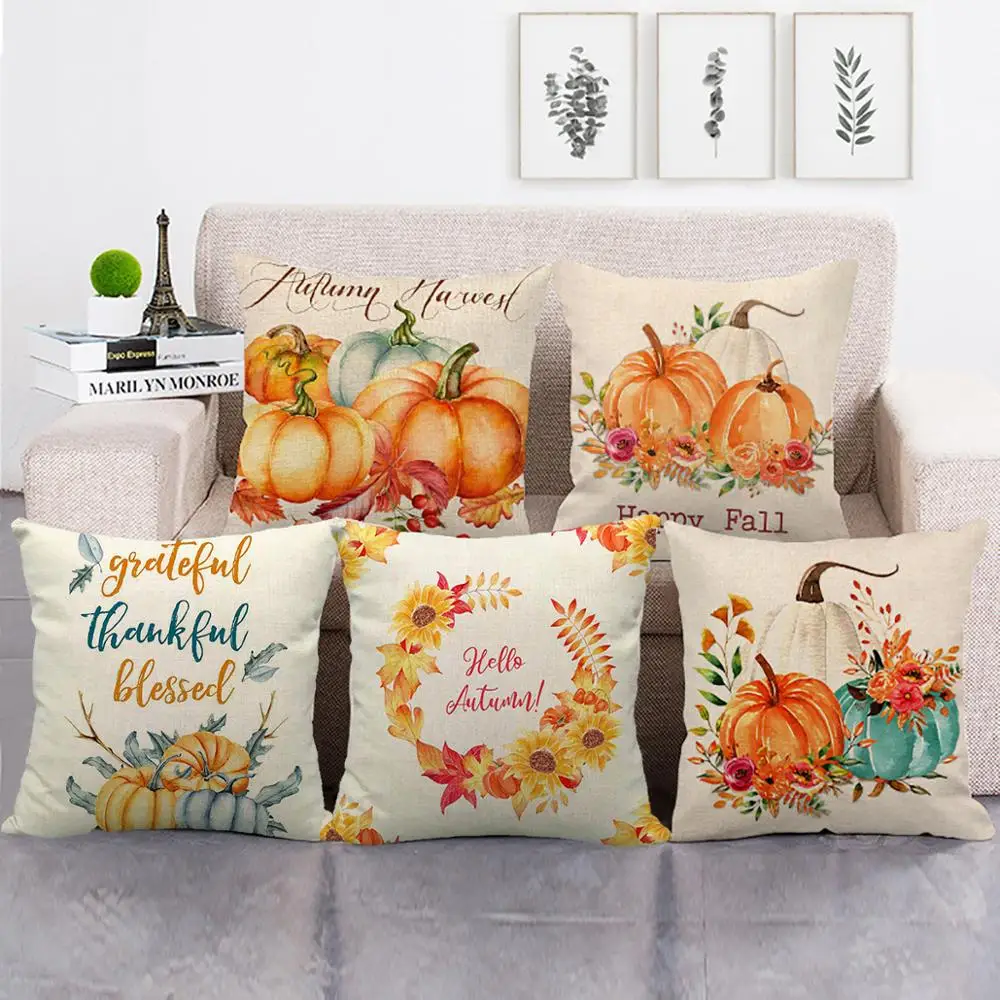 

QIFU 45*45cm Single-sided Printing Cushion cover Thanksgiving pumpkin sofa cushions Pillow cases Linen pillow covers Sofa Decor