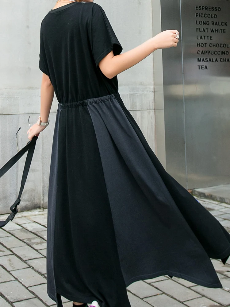 

2021 Summer Black Fun Printing Cartoon Anime Letters Mid-length Dress Trendy Women Irregular Color Contrast Patchwork Dresses