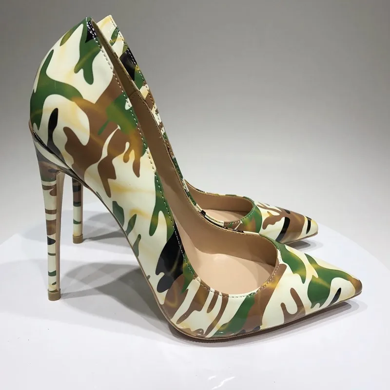 

Newest 12 cm high heel pumps slip on Army green printed pointed toe woman party women wedding shoes