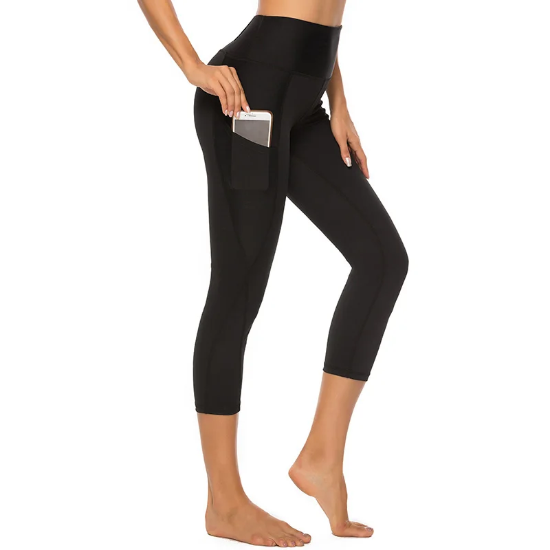 Теленок Длина Йога Брюки Высокая Талия Капри Для женщин Карманный Леггинсы Спорт