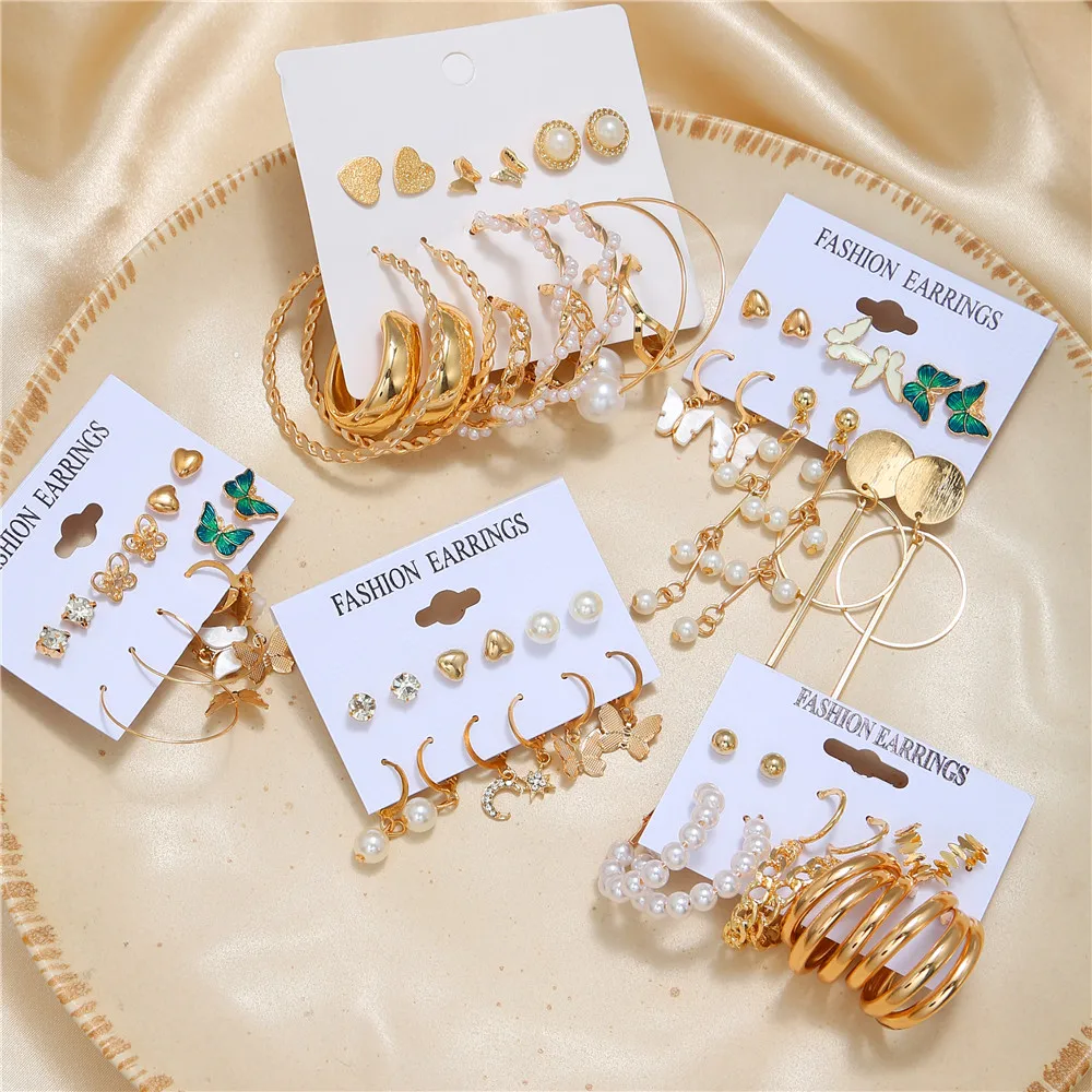 

Fashion Pearl Temperament Earrings Sets For Women Retro Geometric Butterfly Earrings Set Circle Round Heart Earring Jewelry