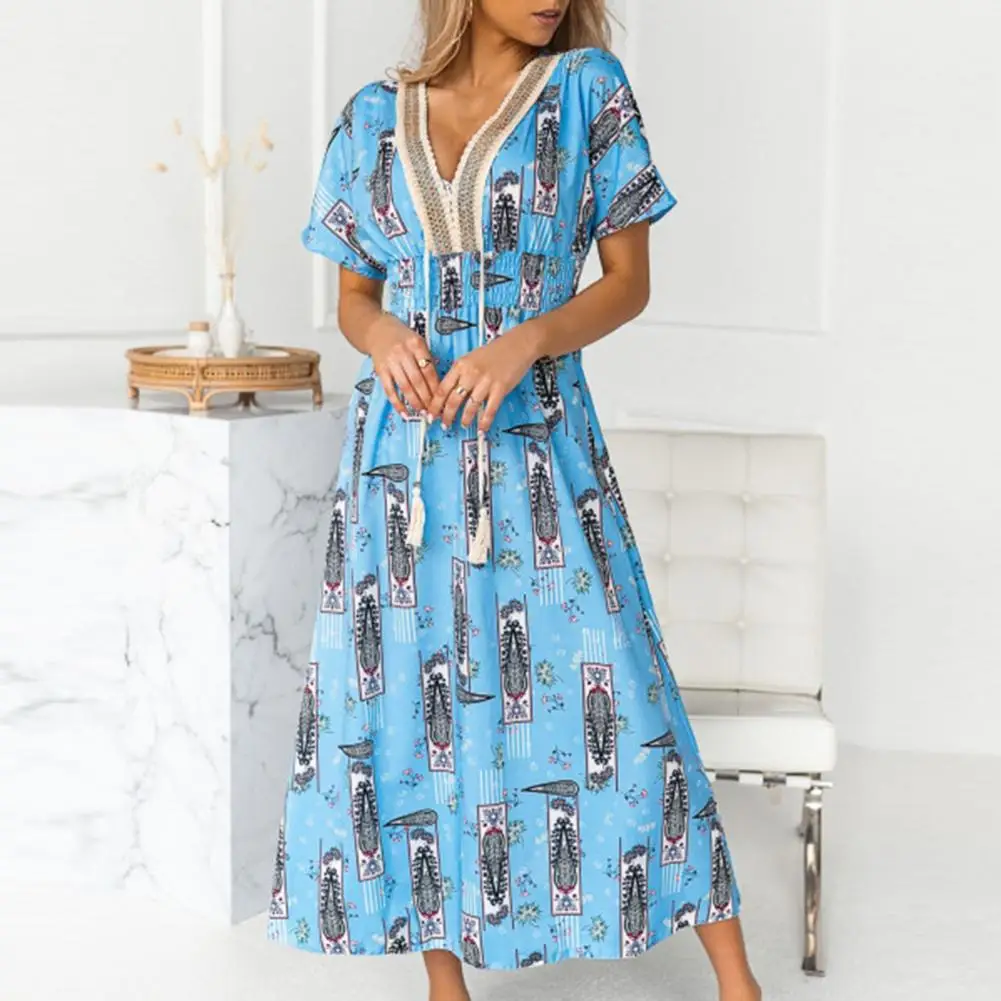 

European and American fashion casual summer women's long skirt lace rope stitching printed v-neck short-sleeved dress women 2021