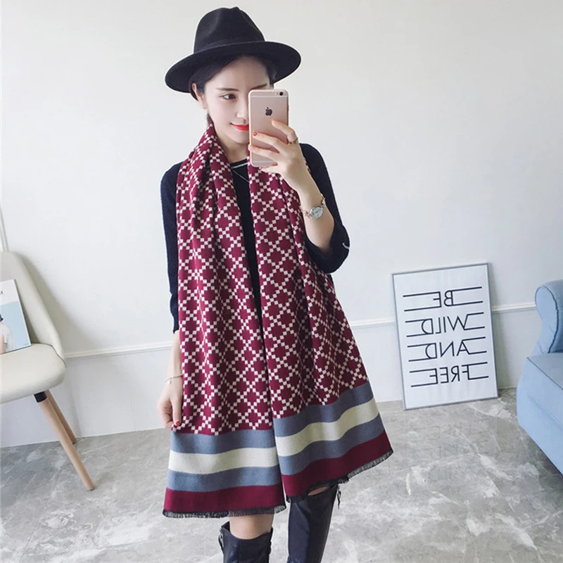 Осень зима 2018 женский полосатый кашемировый шарф в виде ромбовидной решетки