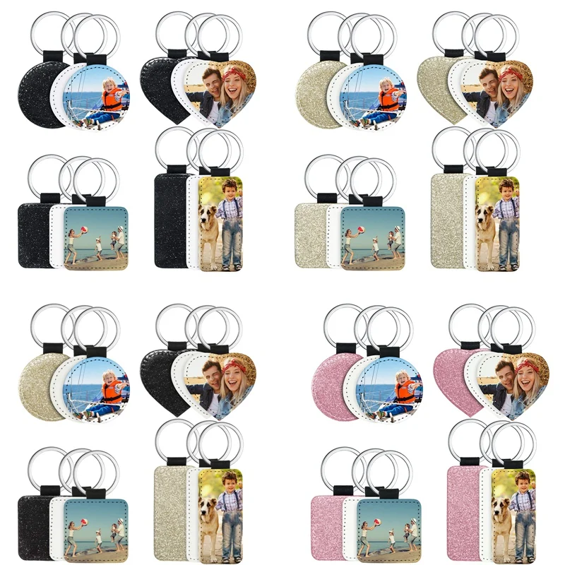 

12 Pack Sublimation Blanks Keychain 4 Types Glitter PU Leather Keychain DIY Heat Transfer Keyring