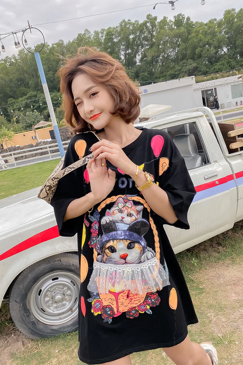 

Fashion printed T-shirt female mid-long cat pattern 2020 summer new loose loose slim casual shirt tide brand women's clothing