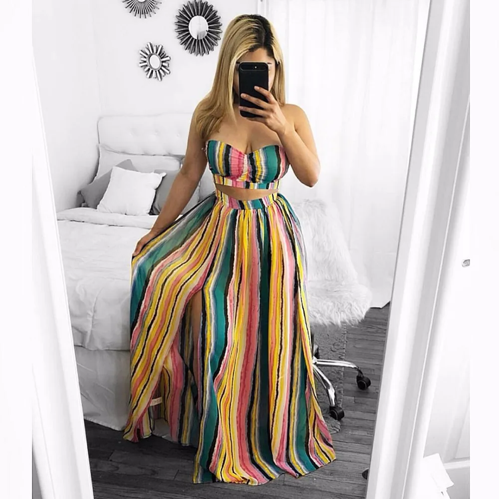Женское платье макси из 2 предметов разноцветное в Вертикальную Полоску без