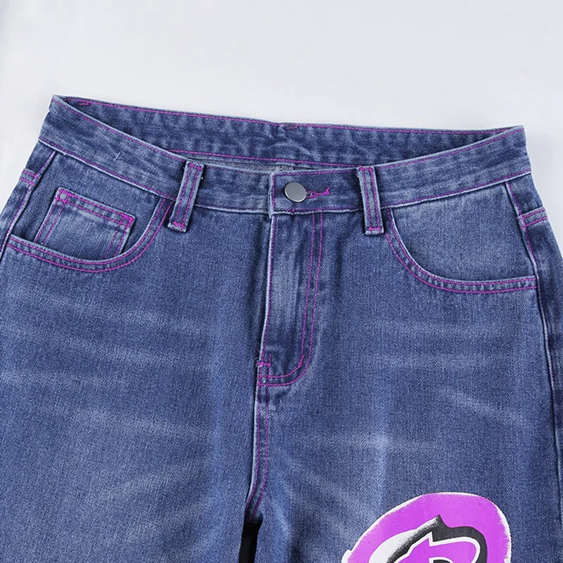 

New Women's Fashion Letter Printing High Waist Straight Jeans Blue