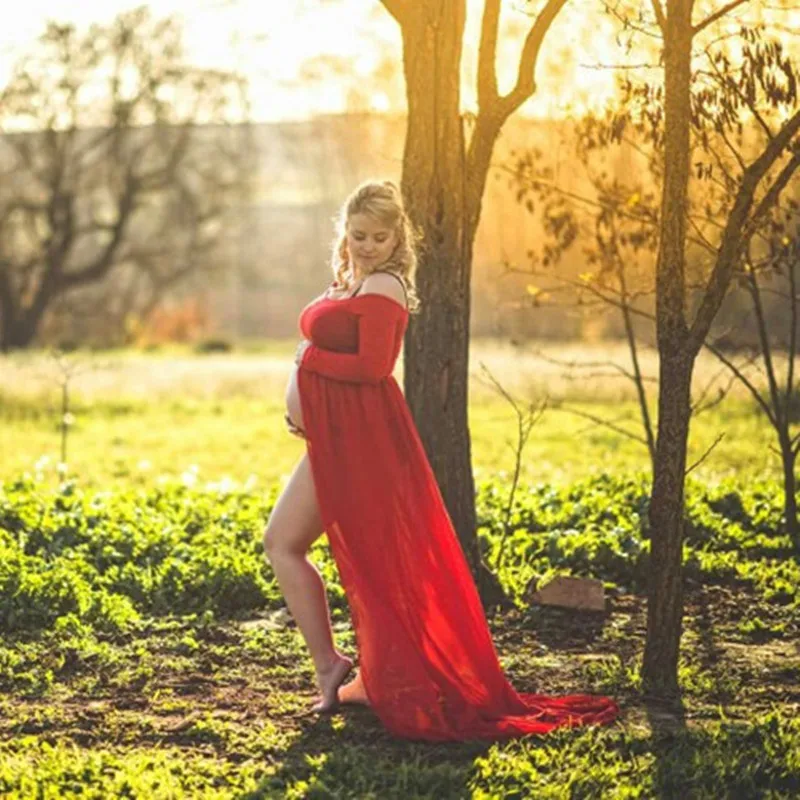 Материнства Платье для Фотосессии Макси СПЛИТ ПЕРЕДНЯЯ Шифон Сексуальная