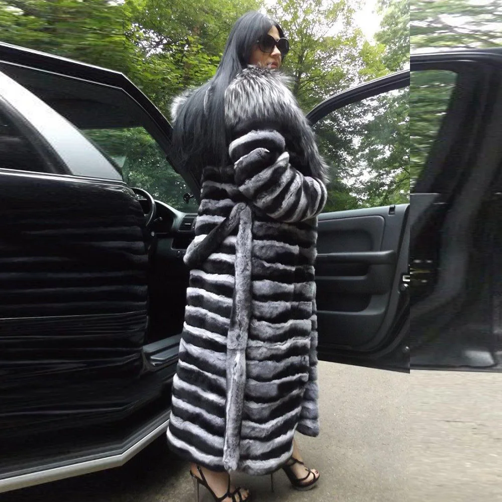 130cm Long Real Rex Rabbit Fur Coat with Silver Fox Trim of Hood Luxury Winter Fashion Rex Rabbit Fur Overcoats Female Natural