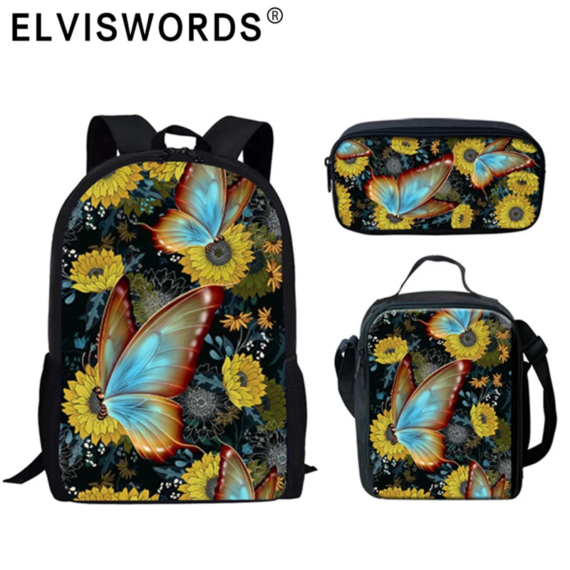 ELVISWORDS Cute Animal Sunflower School Backpack 3pcs/Set Women Casual School Bags for Kids Girls Boys Fashion Bookbags Mochila