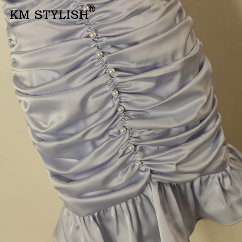 

Women Mesh Patchwork Satin V-neck Casual Dress Slim Waist Draped Single-breasted Beading Fashion Short-sleeve Mermaid Dresses