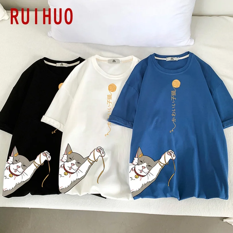 Футболка RUIHUO мужская с принтом кота хлопковая уличная одежда в стиле Харадзюку