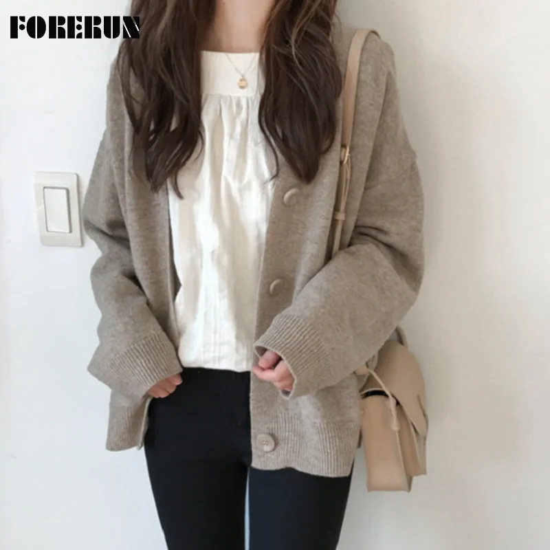 

FORERUN Knitted Cardigan Sweater Female Preppy Style Solid Deep V-Neck Single Breasted Saddle Shoulder Ribbed Casual Outwear
