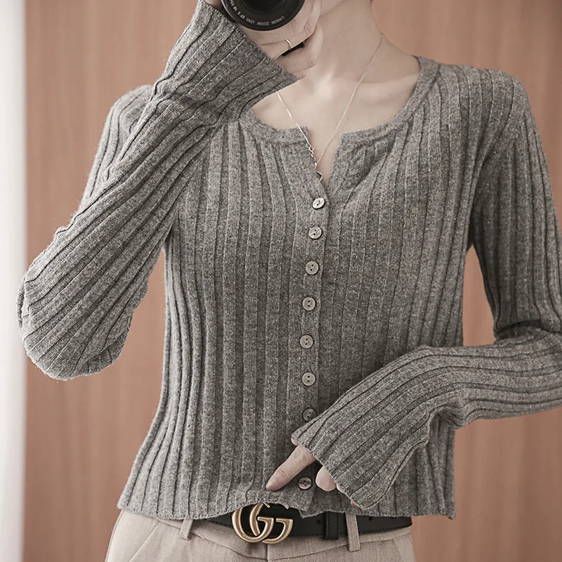 

Cardigan Jacket Women's Spring and Autumn Clothing 2021 New Style Knitted Pure Wool Basic Thin Short Sweater Cropped Sweater
