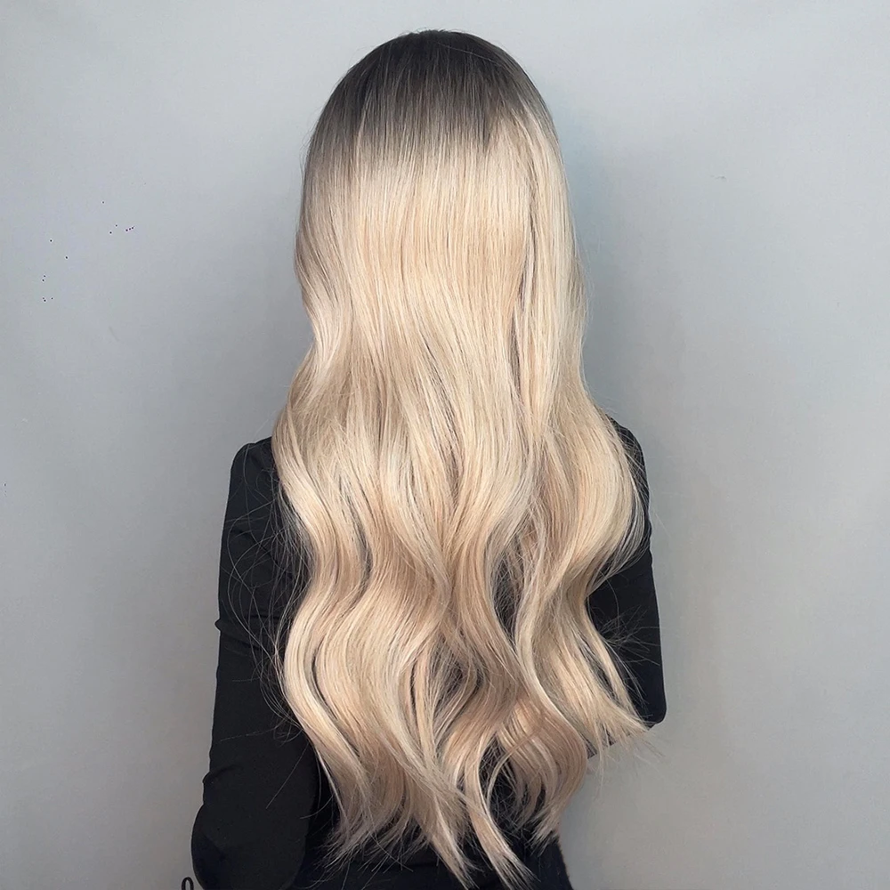 HENRY MARGU Long Water Wavy Synthetic Wigs Brown to Blonde Ombre Wigs with Bangs for Women Party Cosplay Heat Resistant Wigs