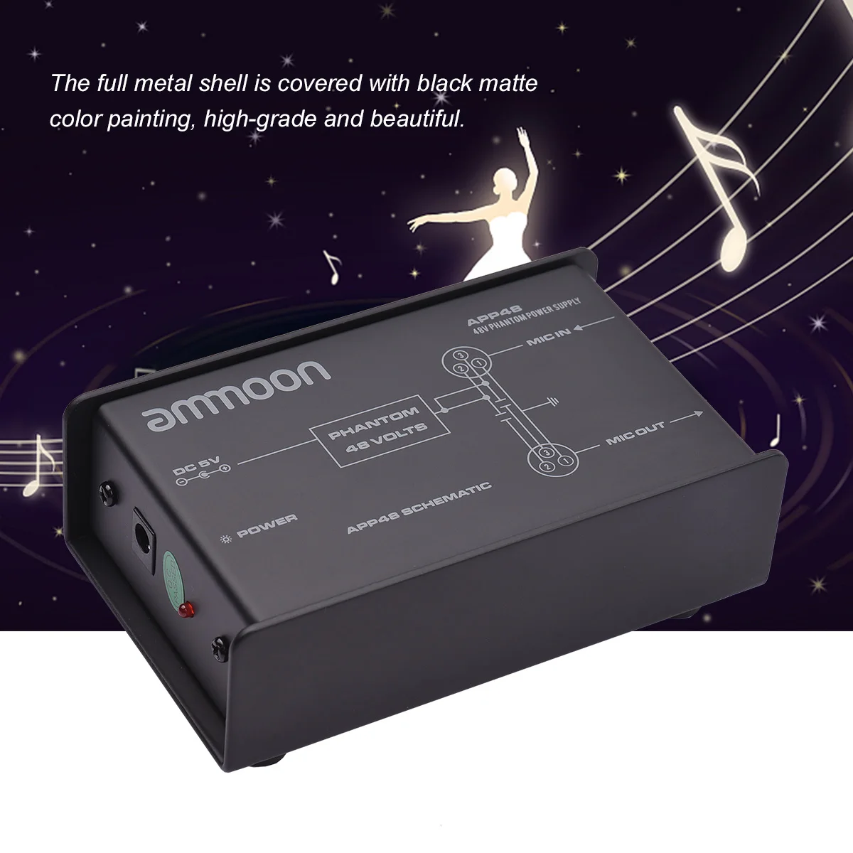 

ammoon 48V Low Noise Phantom Power Supply USB Condenser Microphone DC5V Phantom Power Boxes with Accessories Studio Music Record