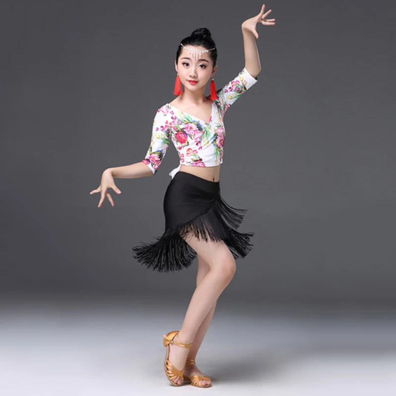 Платье для латинских танцев с кисточками девочек Детские топы принтом и юбка