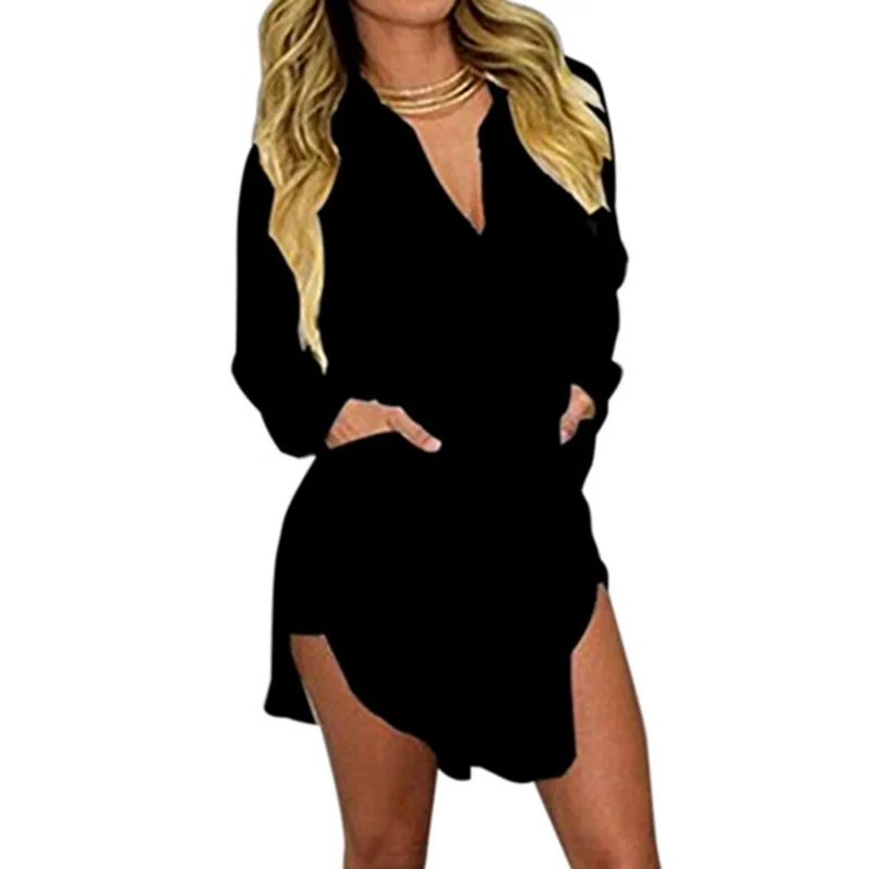 Litthing Женская однотонная длинная рубашка с длинными рукавами асимметричным