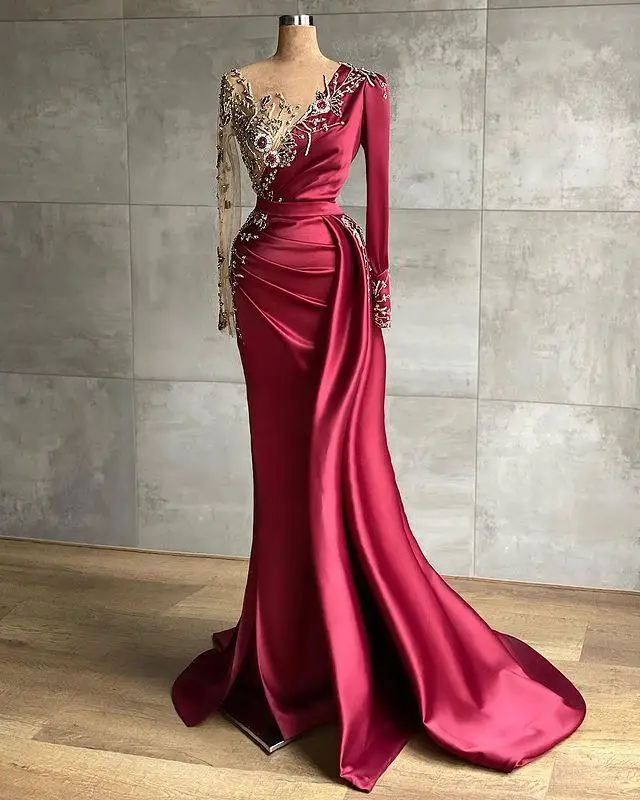 

Burgundy Long Sleeve Mermaid Prom Dresses 2021 Beaded African Sheer Neck Women Formal Party Evening Gowns