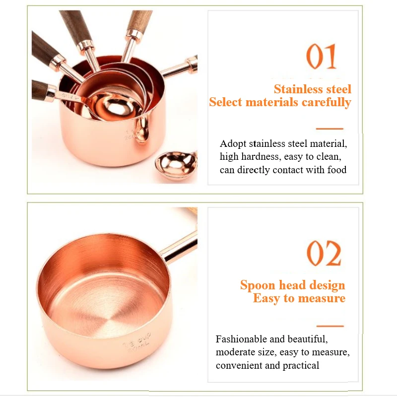 

4pcs/set Stainless Steel Measuring Spoon Set Rosewood Handle Rose Gold Scale Spoon Baking Measuring Spoon Coffee Scoops