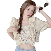 bubble sleeve female summer hollow out small shirt short style female short sleeve lace blouse tops