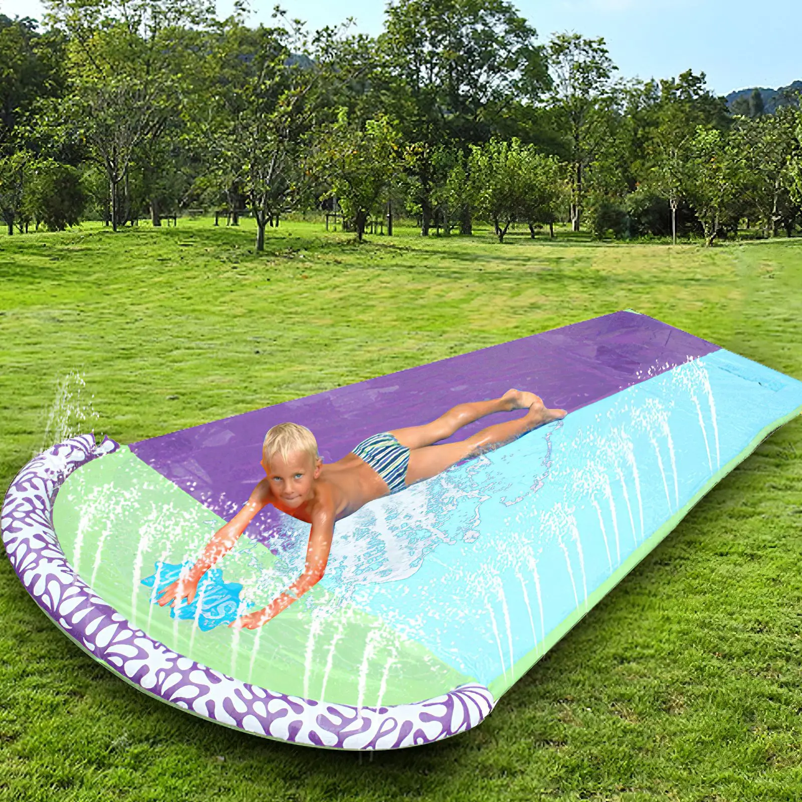 

Fountain Design Urable PVC Water Slide Interesting Dual Water Slip Race End The Slide Soft Bump For Kids Lawn Outdoors Slide
