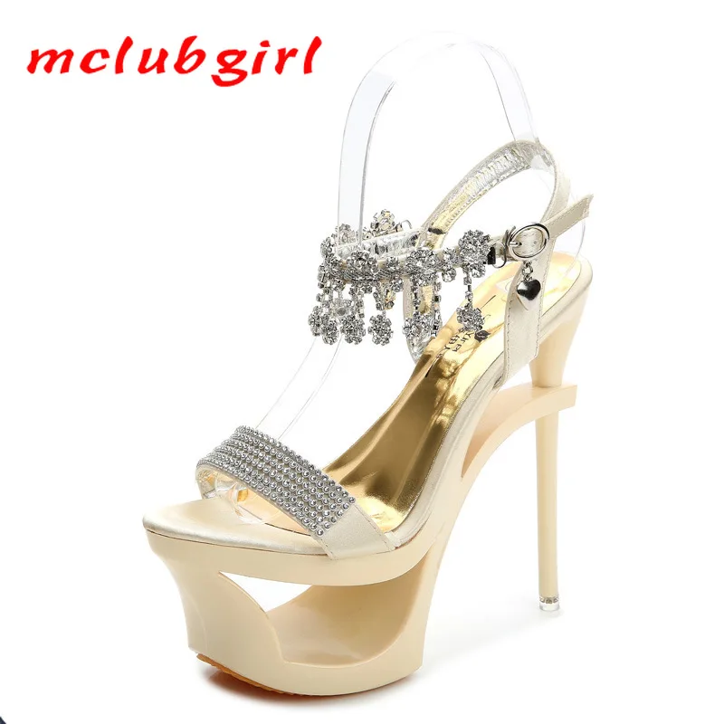 

Mclubgirl Sandals Fashion Season Waterproof Platform Super High Heels 15cm Nightclub Sexy Rhinestone Women sandals LFD