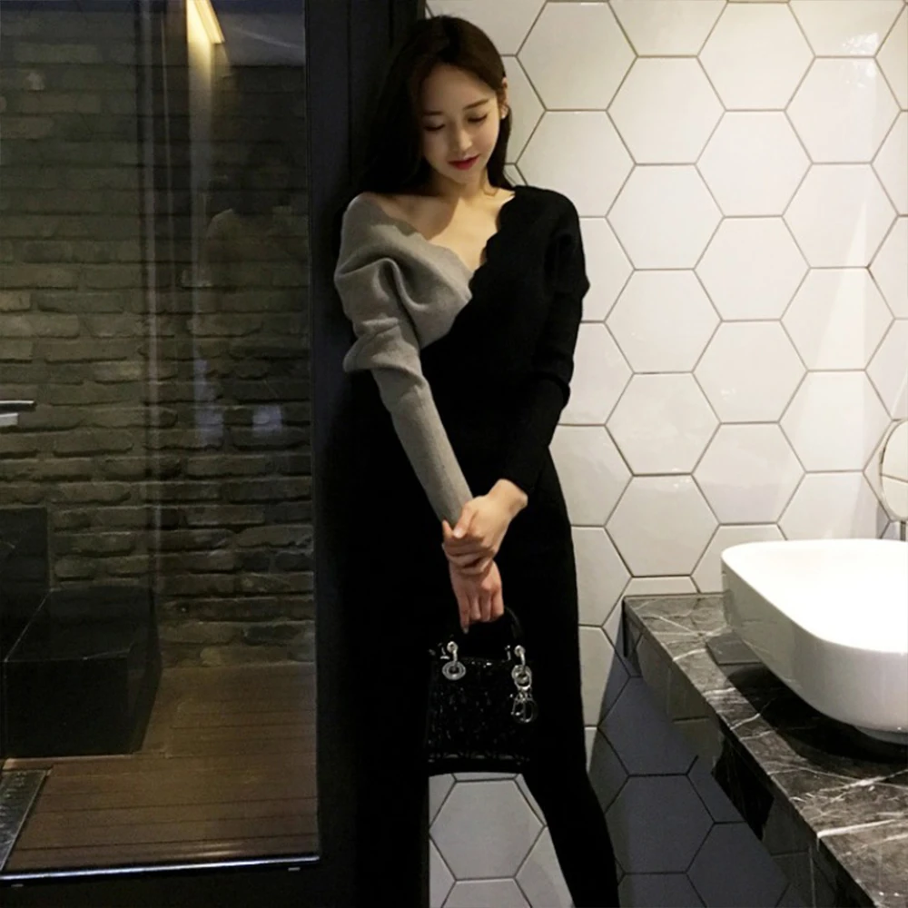 

Autumn Women's Long Sleeve Dress 2020 Korean V-Neck Fashion Contrast Color Medium Length Slim Fit With Hip Knitted Wool Skirt