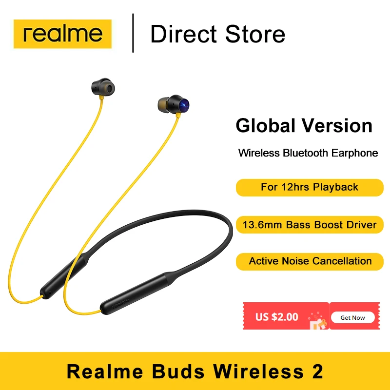 Bluetooth наушники Realme Buds Wireless 2 с активным шумоподавлением и усилением