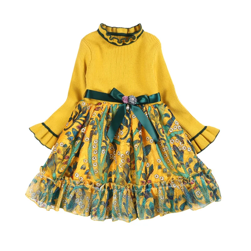 New Sweet Baby Girls Cute Sweater Dress Spring Autumn Girl Party Princess For Kids Flowers Long Sleeve 4-13 Year | Детская одежда и