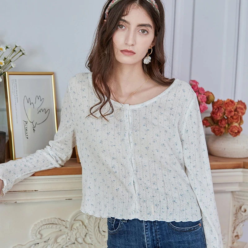 

Women's Fresh and Sweet Round Neck Long Sleeve Floral Short T-shirt Cardigan Jacket Tops Spring Summer 2021 Women Clothing