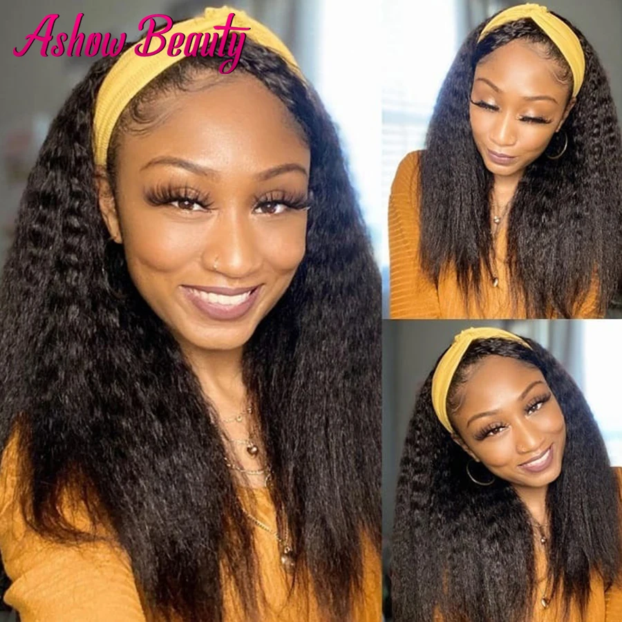 

Kinky Straight Wig Human Hair Kinky Straight Headband Wigs for Black Women Peruvian Headband Wig Human Hair Natural Color