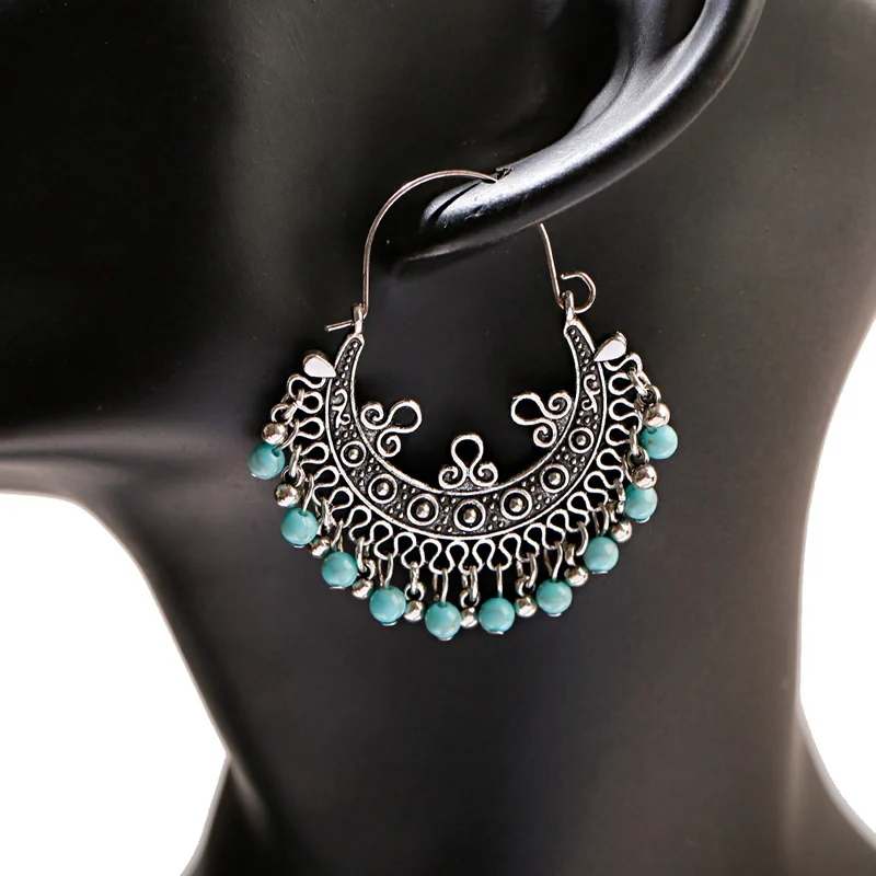 Женские винтажные этнические серьги серебристого цвета висячие с зелеными