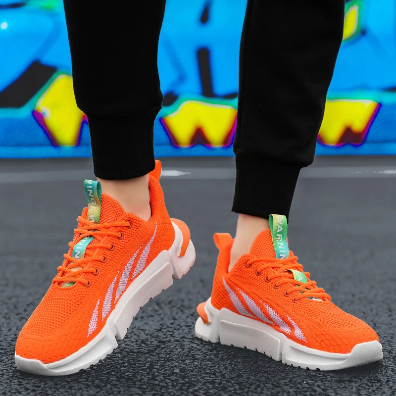 Spring New Orange Men's Running Sneakers Low-cut Knitted Sports Shoes for Women Lightweight Breathable Gym Shoes Men Trainers